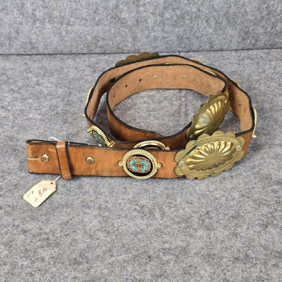 Source Unknown Accessories - Western Concho Belt 48" Brown Leather Brass Tone Turquoise Inlay Studded Conchos